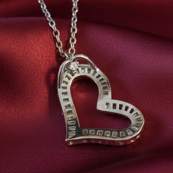 Open Heart Simulated Baguette Moissanite Silver Pendant Necklace NWOT - Picture 5 of 9
